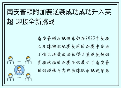 南安普顿附加赛逆袭成功成功升入英超 迎接全新挑战